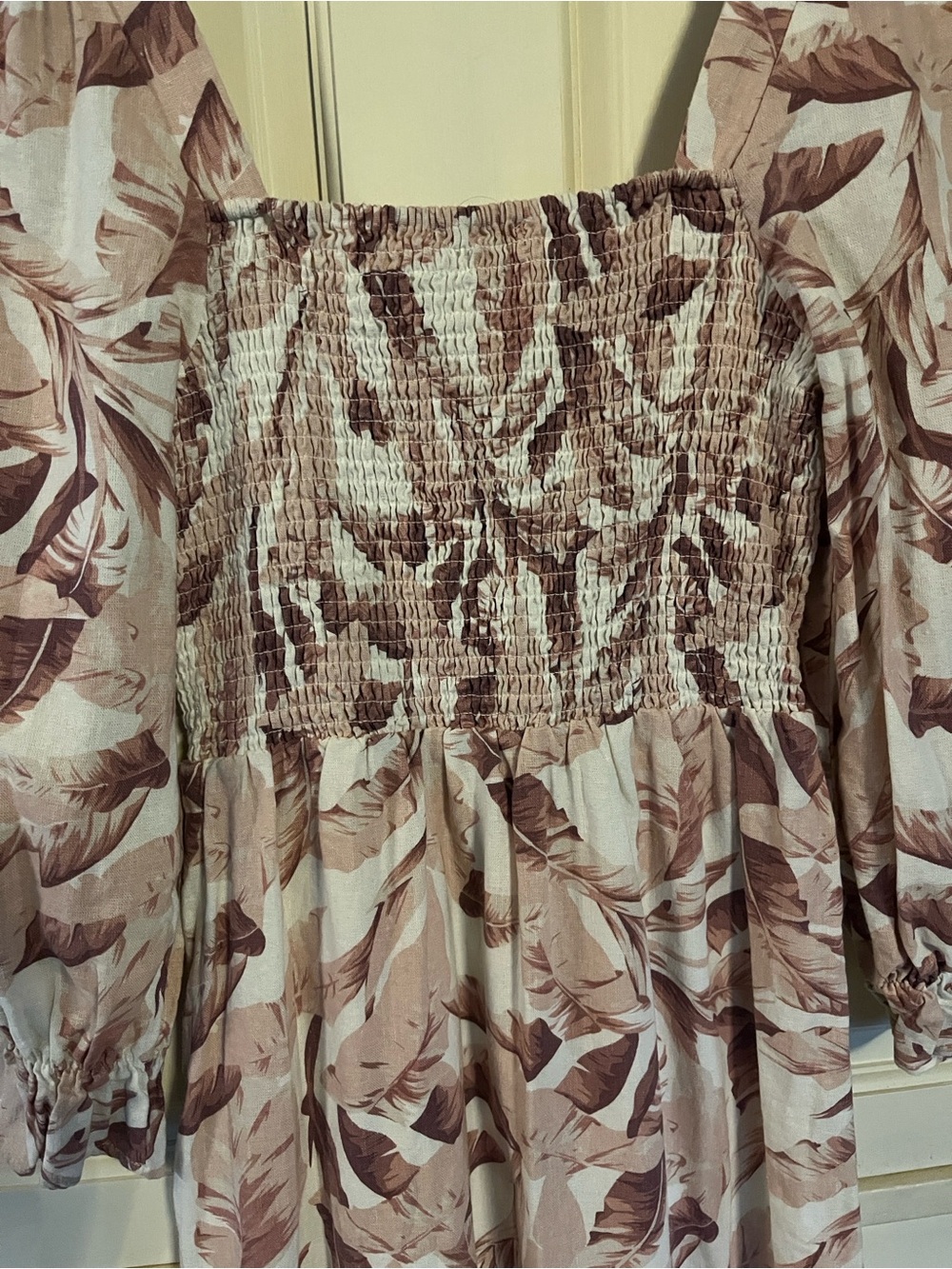 House of Harlow XS Linen Blend Tropical Smocked Midi Dress